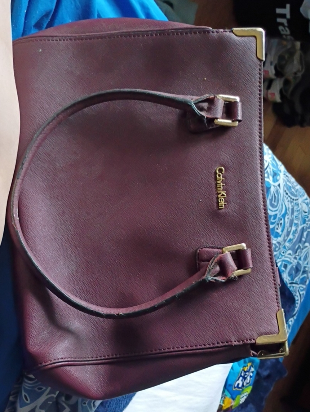 Calvin Klein Wine Saffiano Leather Shoulder Bag with Gold Accents
